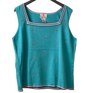 Quacker Factory Blue with Embroidered Pink Daisies Sleeveless Shell MUST BUNDLE